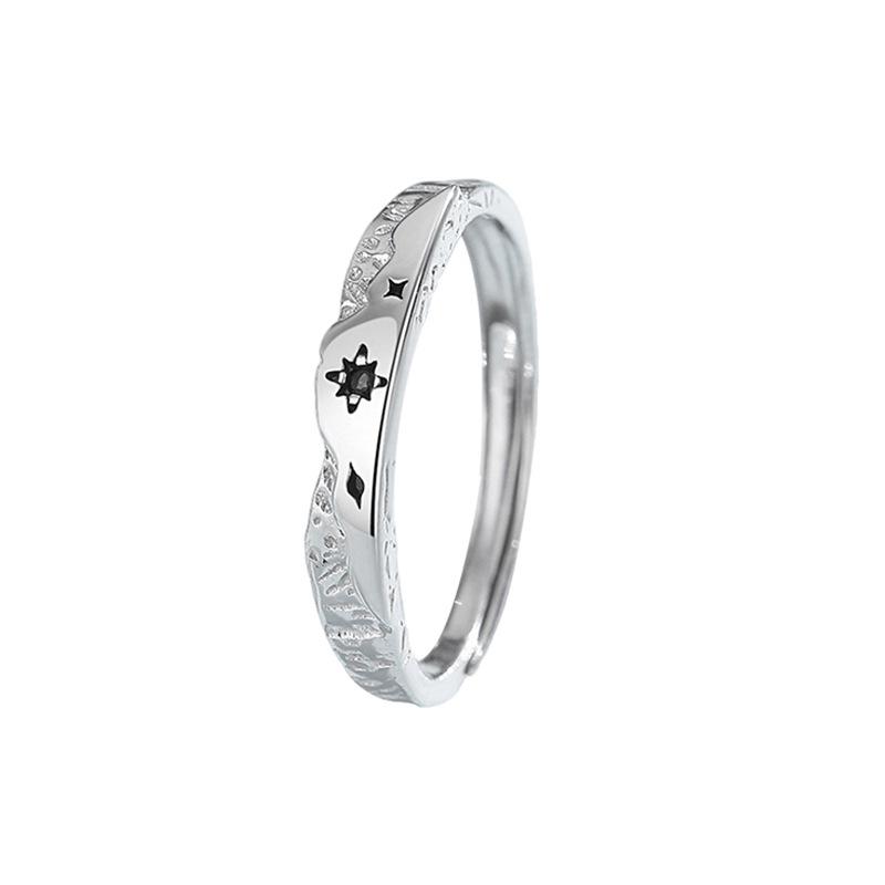 Tichya Sea of Stars Couple Rings: Pure Silver 999 Star & Moon Hammer Textured Open Rings Adjustable