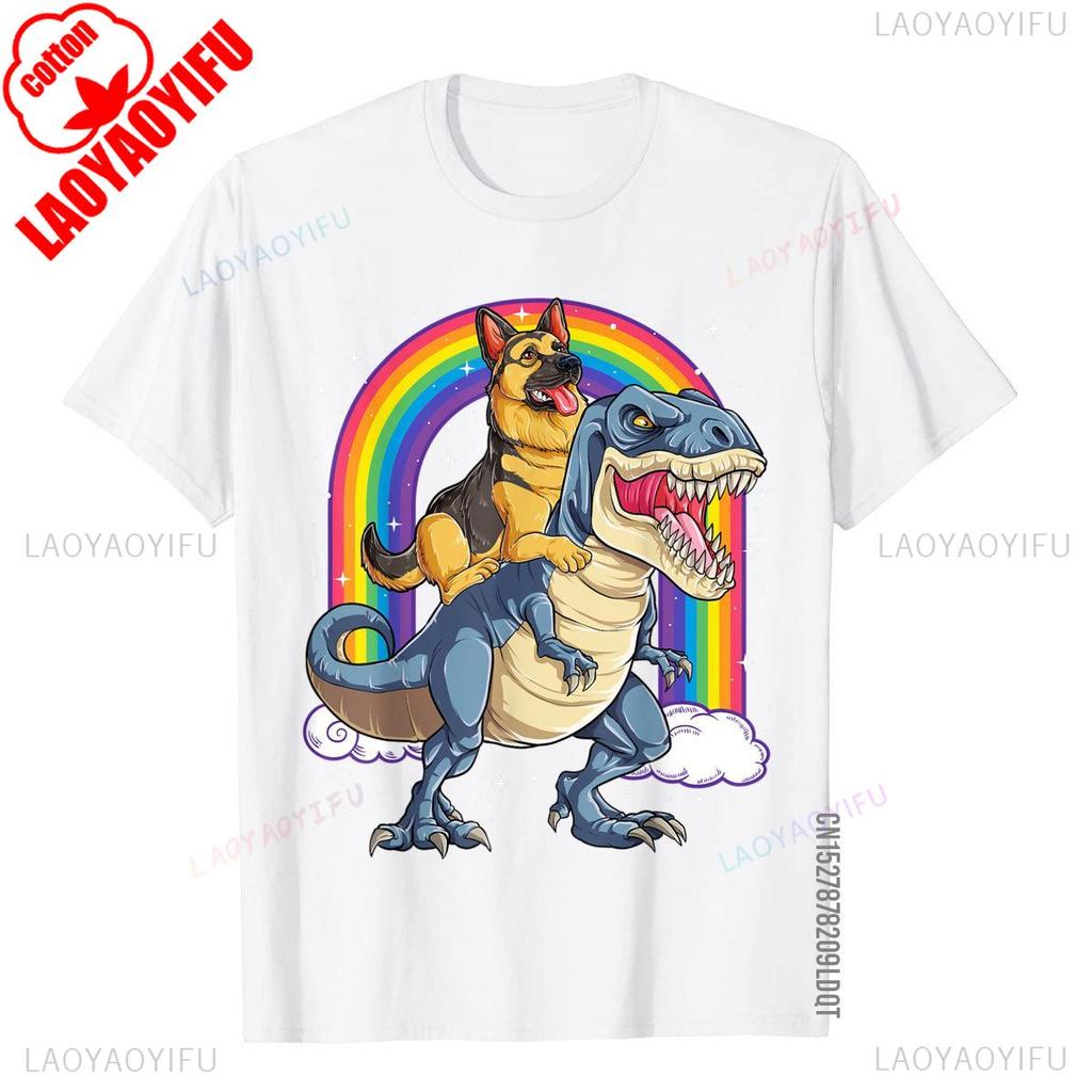 German Shepherd Riding Dinosaur Male Tshirt Rainbow Graphic Printed TShirt Men Summer Casual Crewneck Cotton Short Sleeve
