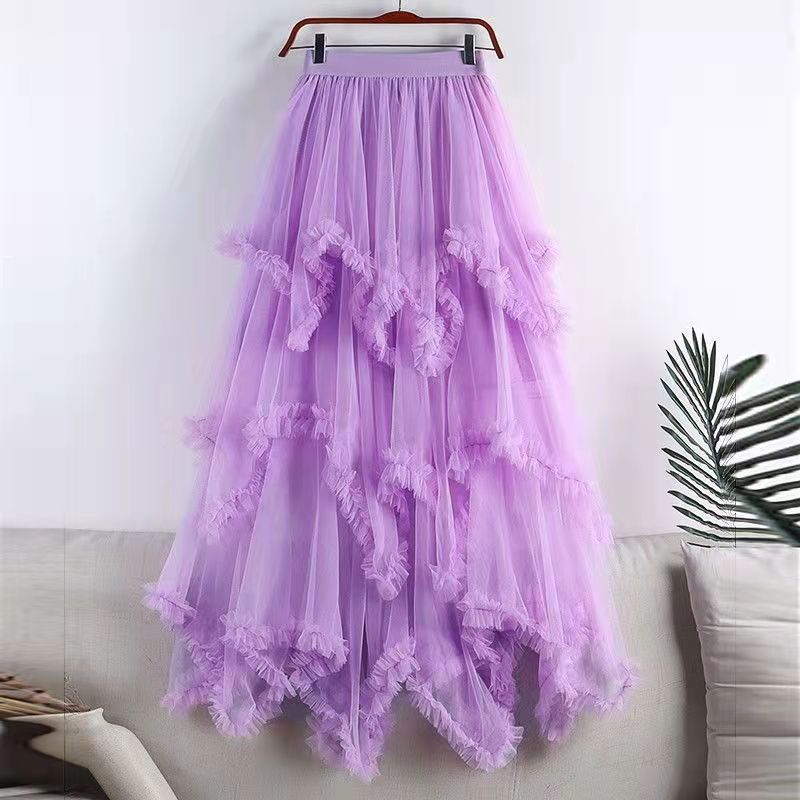 Women's Summer High-Waisted Asymmetric Midi A-Line Mesh Skirt Sweet Tiered Skirt Half-Skirt