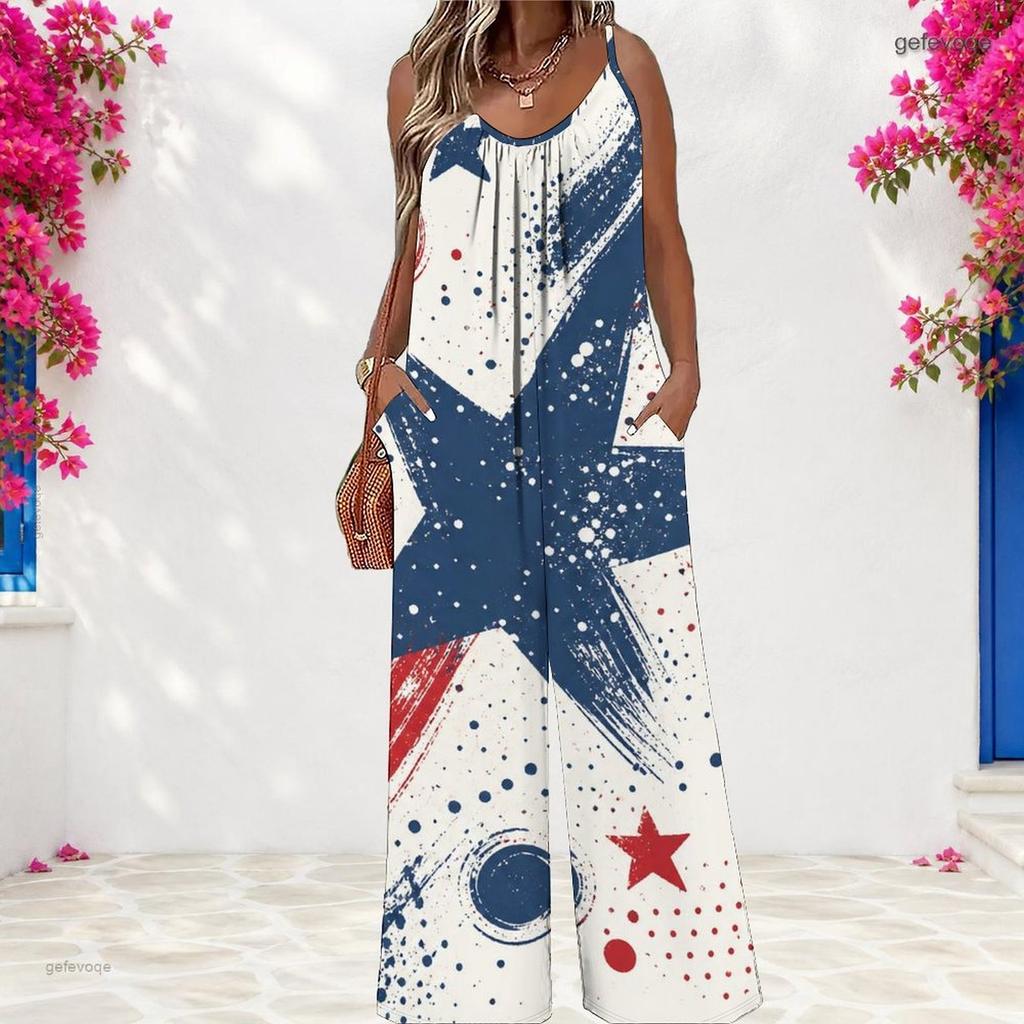 Women Spaghetti Strap Jumpsuit Rainbow Heart Star Print Wide Leg Pants With Pockets