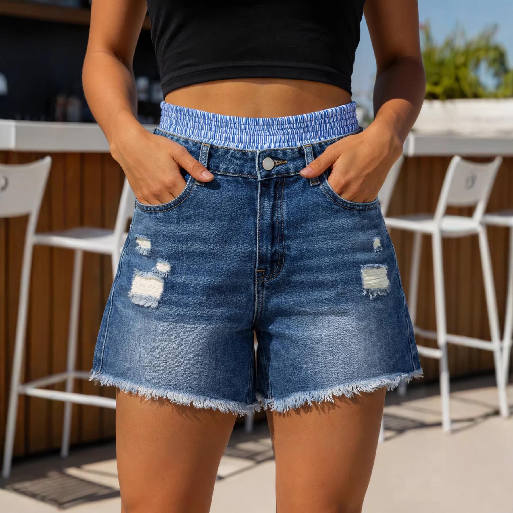 

Cross-Waist Denim Frayed Summer Hot Pants - Faux Two-Piece Shorts US S/4 синий