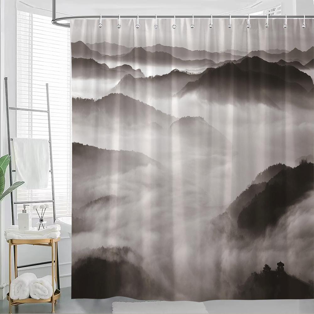 

1Pc Mountain Landscape Shower Curtain - Black & White Misty Hills, Fog Valleys & Traditional Pavilion Design, Durable Polyester W60H190(CM)-1 Pcs