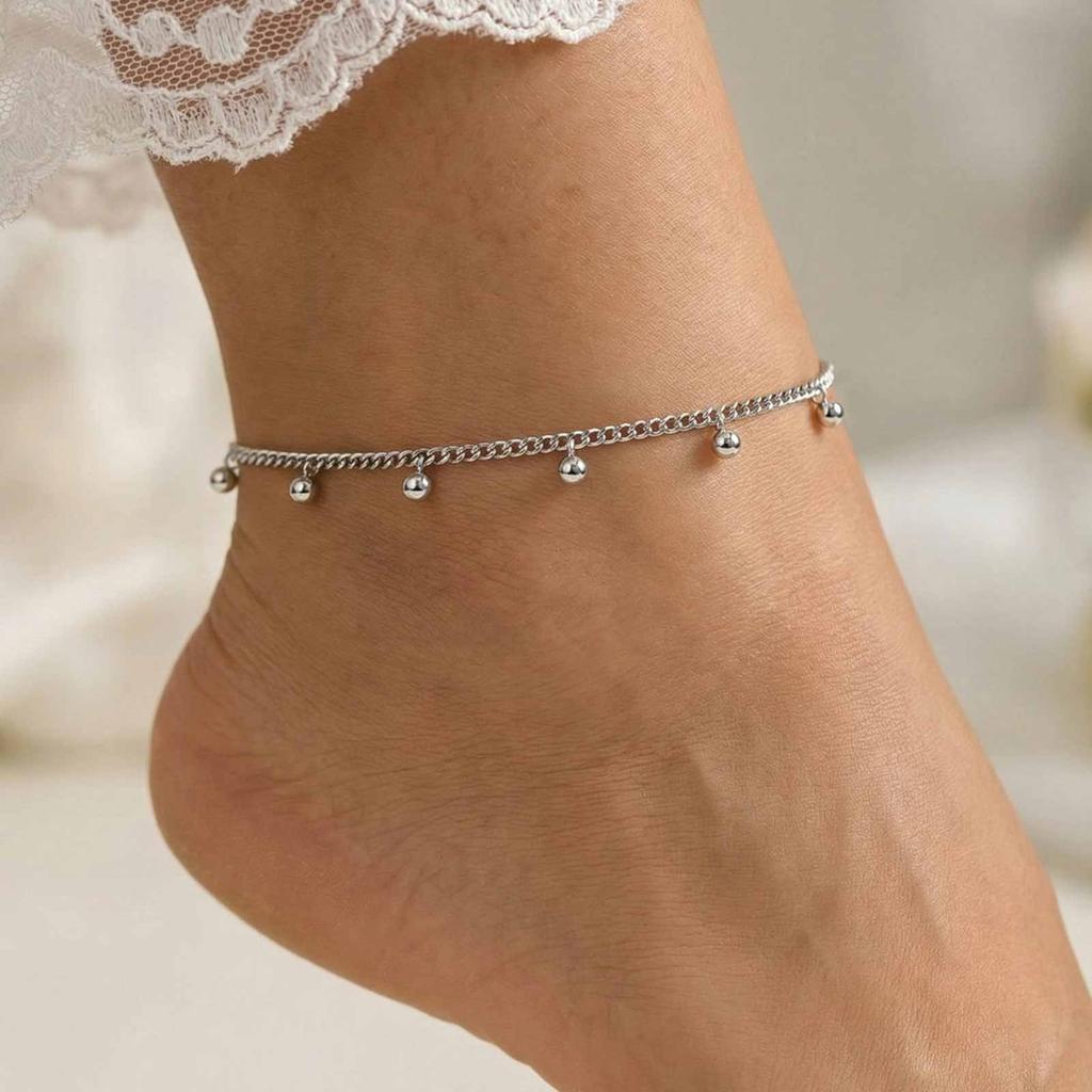 Women's Silver Tone Stainless Steel Beads Ankle Bracelet, Foot Chain Anklet, Waterproof Non Tarnish Fashion Summer Beach Jewelry