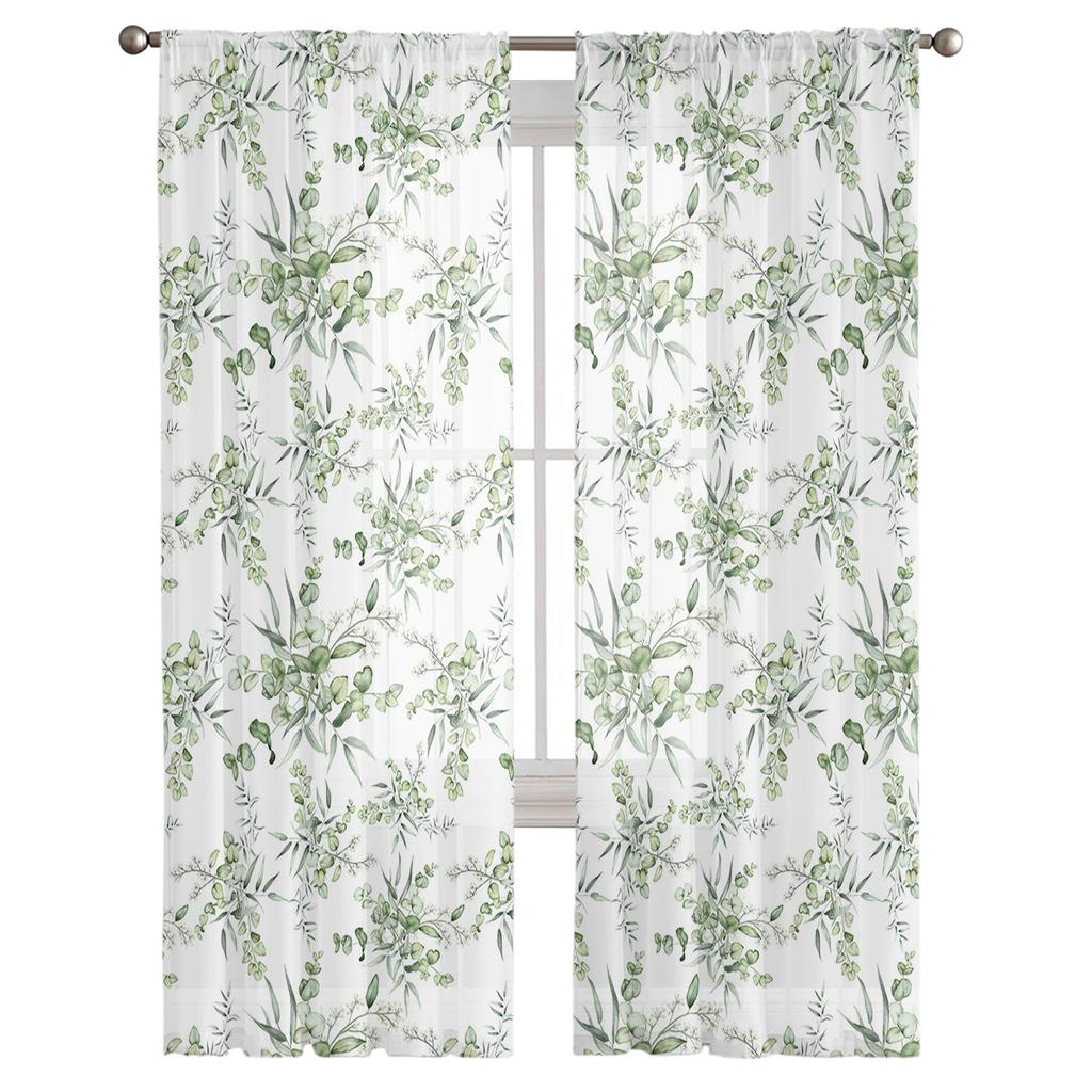 Spring Eucalyptus Leaves Bamboo Voile Sheer Curtains Living Room Window Chiffon Tulle Curtain Kitchen Bedroom Drapes Home Decor