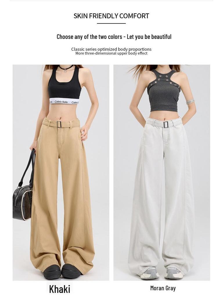 Women's American Loose Jeans: Autumn Belted Design, Slimming Straight-Leg, Wide-Leg Floor-Length Pants