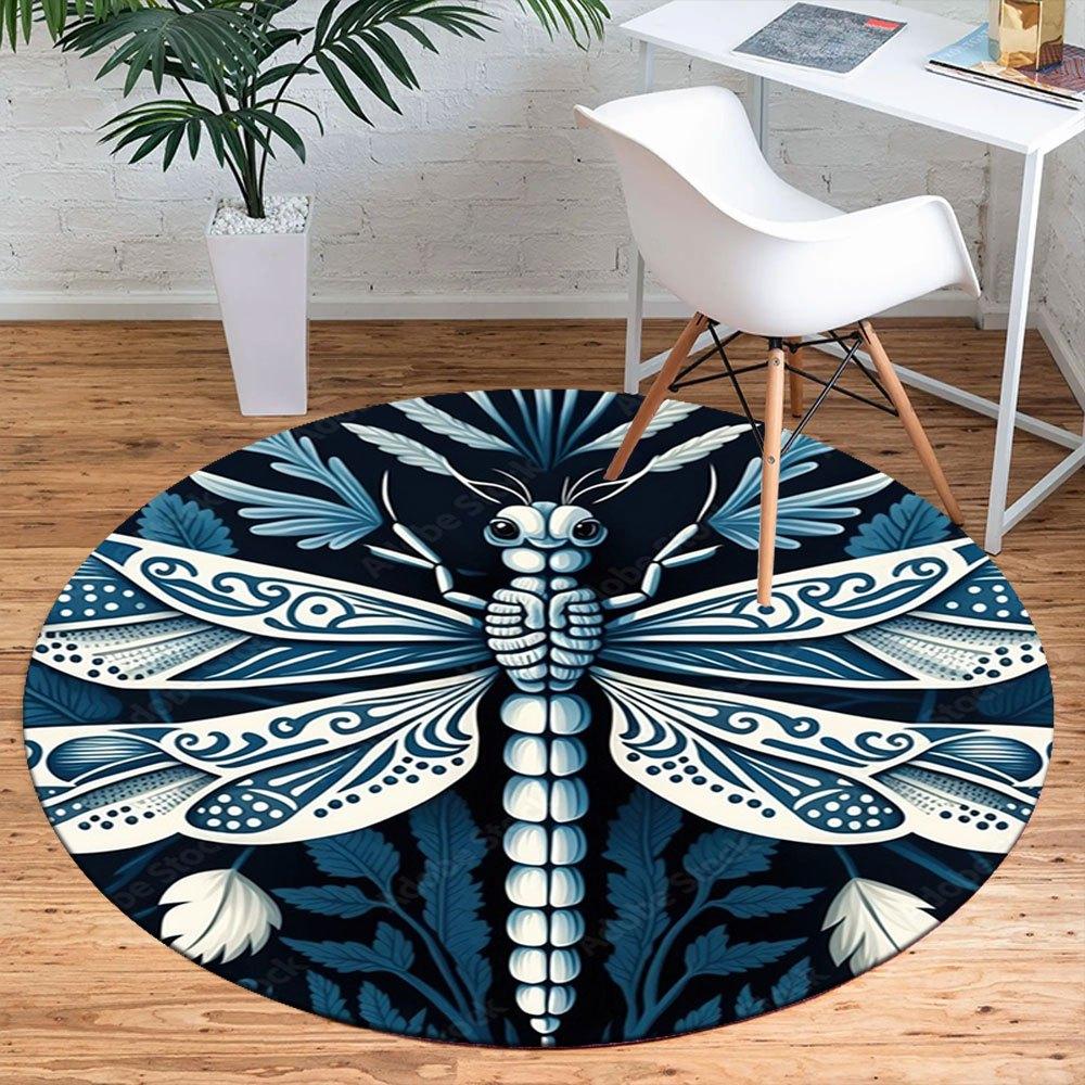 Elegant Blue and White Dragonfly Decorative PlateRound Non-Slip chair mat chair carpet for office Rugs for Office Decor Gift For Valentine's Day Mothe