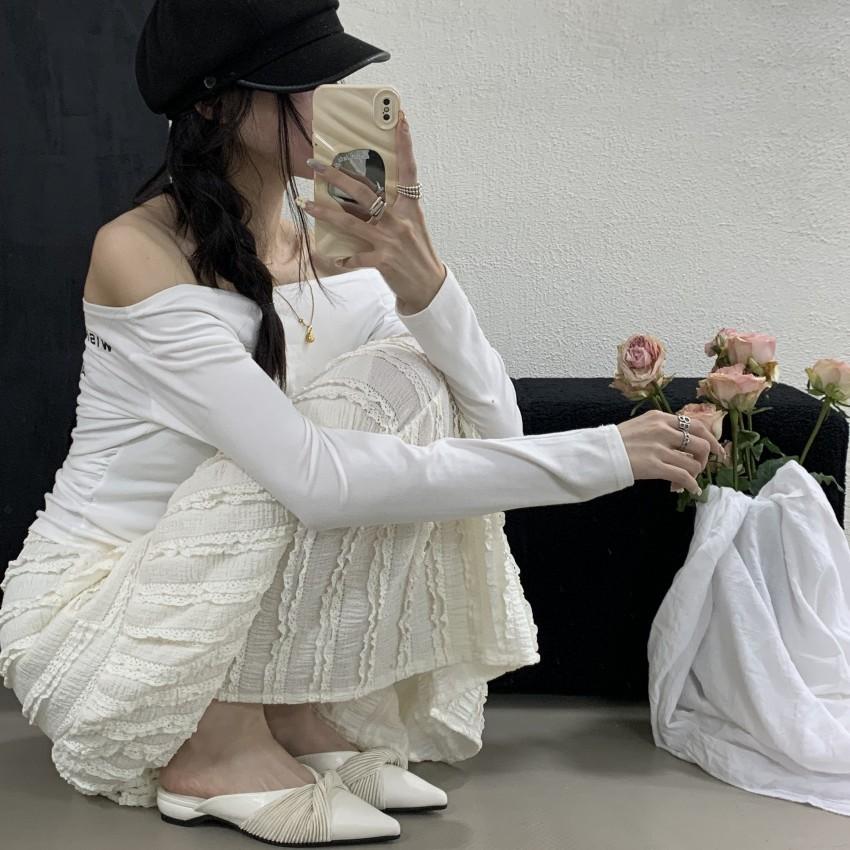 2025 spring and summer new pointed head bow flat bottom trend slippers thin flat heel bag head half drag women's shoes outdoor wear