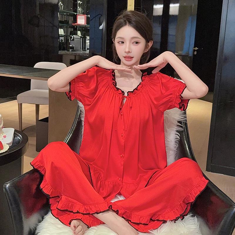 Ice Silk French Sweetheart Pajama Set - Short Sleeve, One-Shoulder, Women's Summer Loungewear
