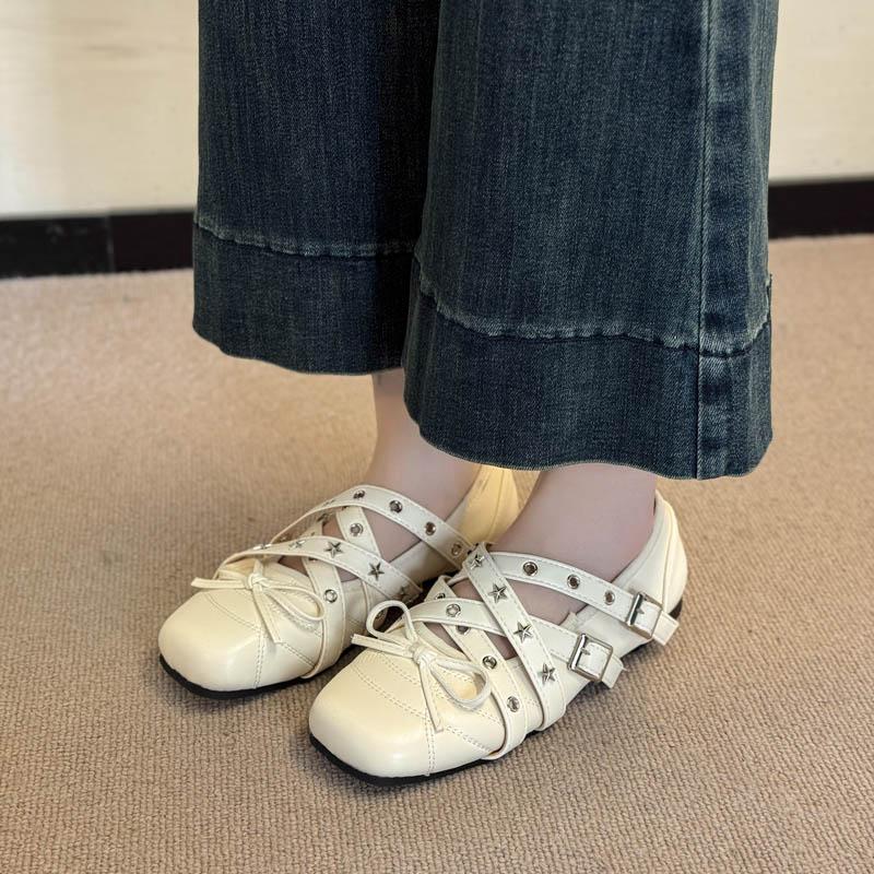 Fashion Vintage Bow Cross Strap Mary Jane Shoes Women Spring Summer New Shallow Rivet Ballet Soft Sole Flat Single Shoes