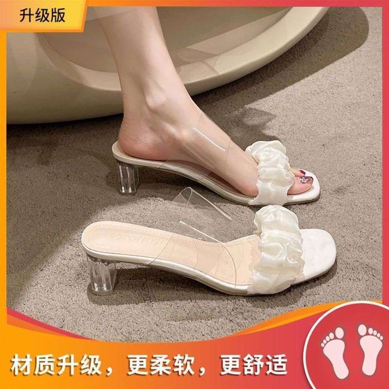 Sandals Women's Outer Wear Summer New 2025 Crystal Transparent Thick Heel French Sandals Slippers Summer High Heels Women