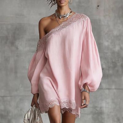 Elegant spetskantad miniklänning för kvinnor Off Shoulder Långa puffärmar Mode Date Night Kvällskorta klänningar Vestidos