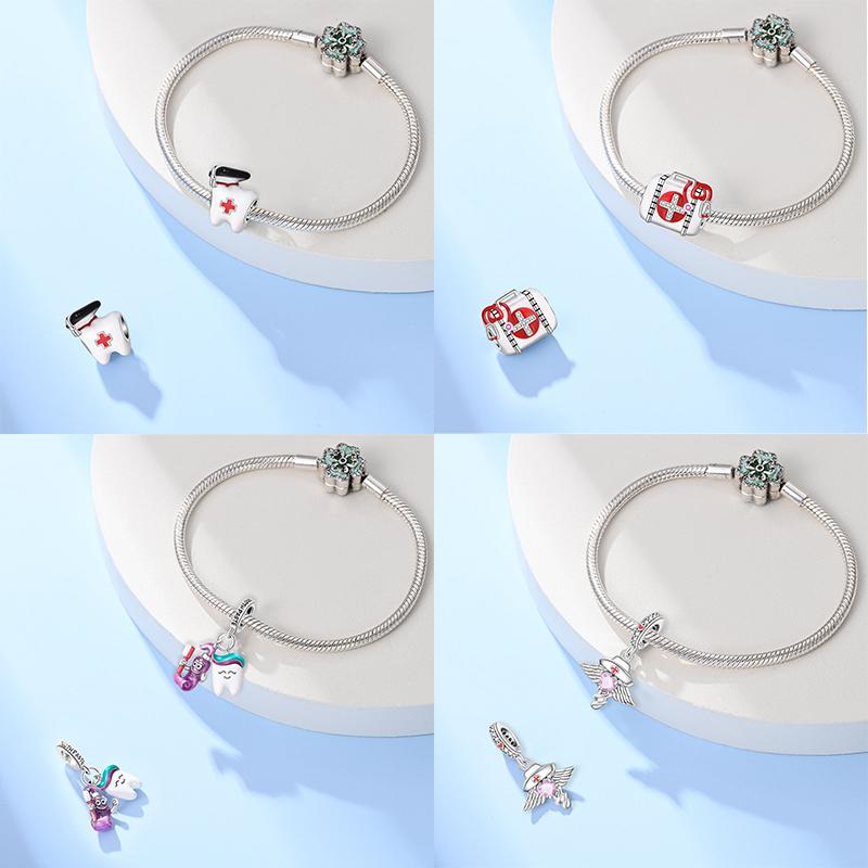 925 Silve Charms Beads Doctor's Teeth Dentist Charms First Aid Kit Dangle For Bracelet Occupation Jewelry Gift