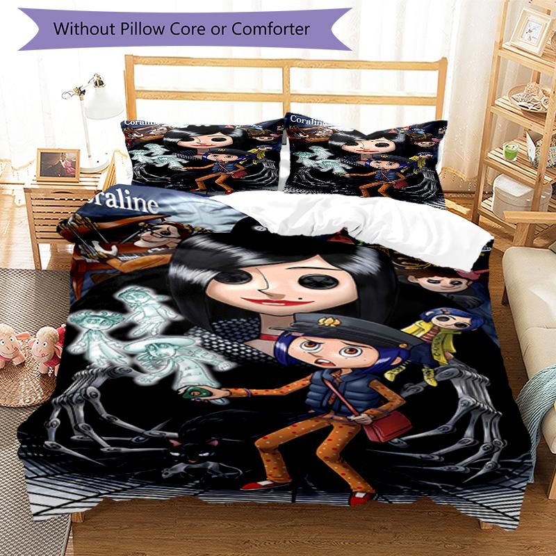 3pcs Coraline (2) Design Cover Set - HD Printed Bedding with 1 Cover and 2 Pillowcases - Perfect for Home and Dorm Decor