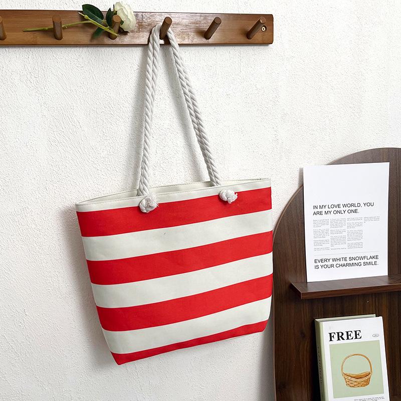 Versatile Striped Canvas Beach & Shopping Bag with Lightweight Cotton Rope Handles