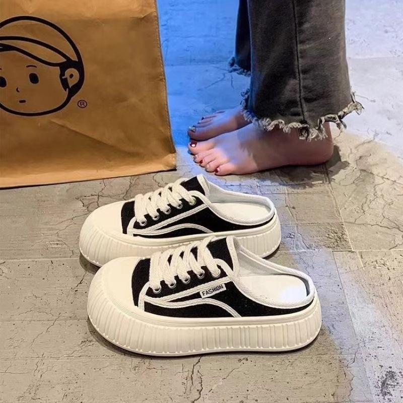 Summer thick-soled heightening lazy canvas slippers small skirt half slippers flat shoes