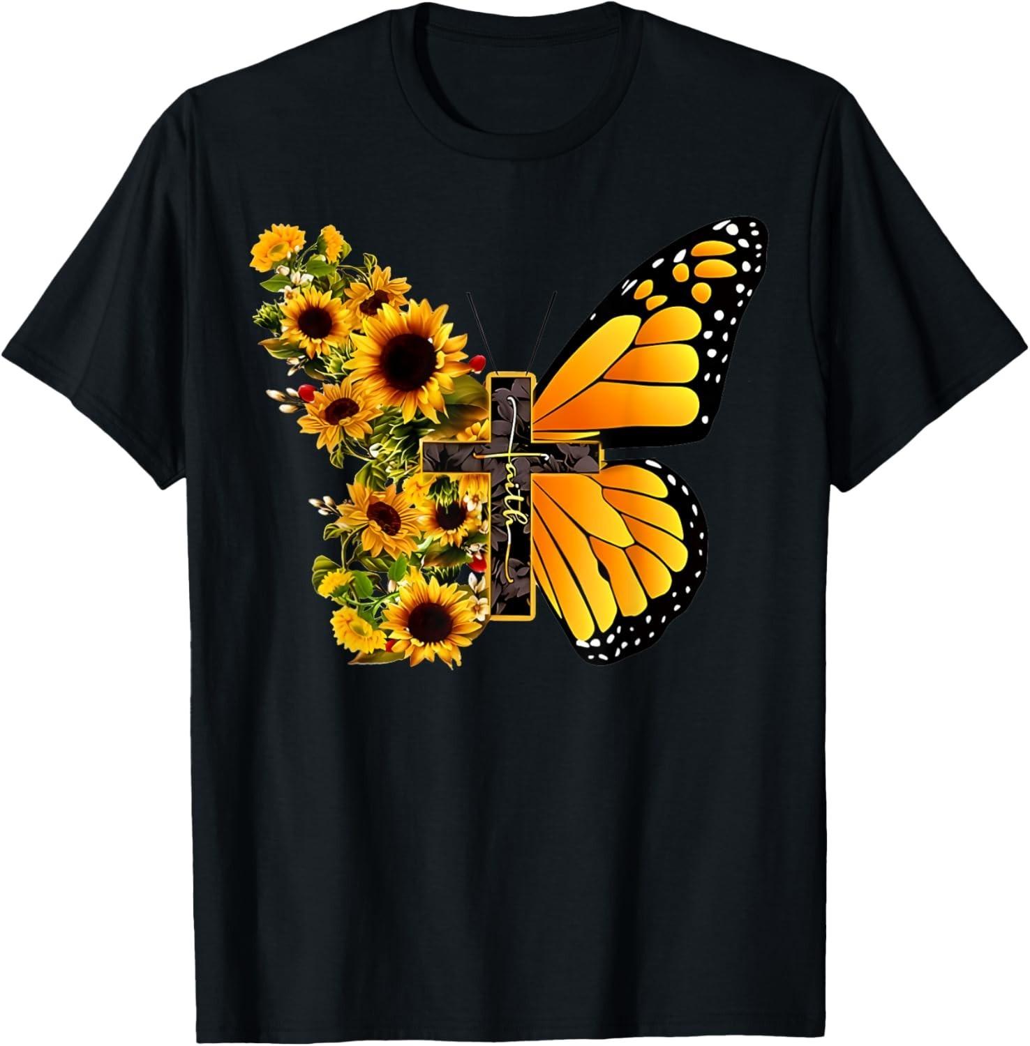 Faith Cross Sunflower Butterfly Christian Vintage T-Shirt Mens Womens Tees Top 3XL