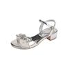 2024 Silver Glitter Chunky Heel Sandals with Bow and Pearl Strap - Women's High-End Rhinestone Shoes