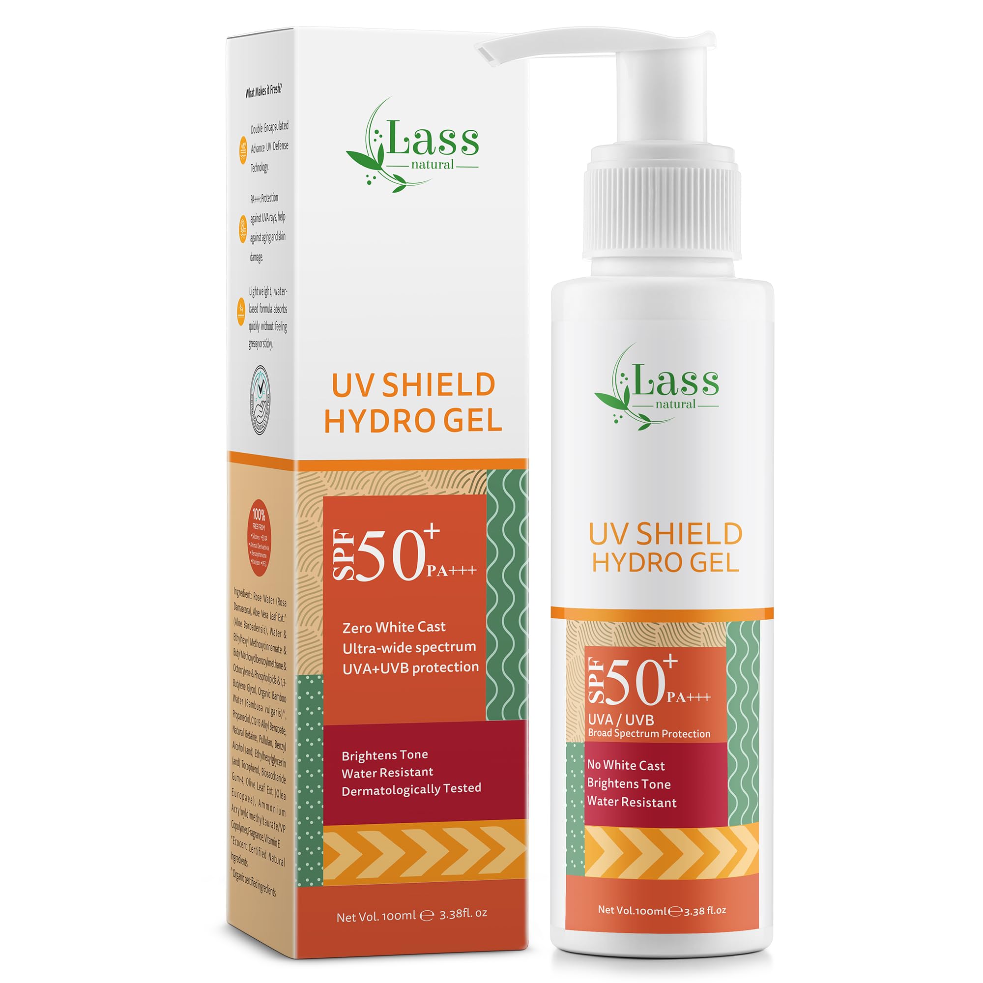 

Lass Natural UV Shield Hydro Gel Sunscreen SPF 50+ PA+++ | Aqua Gel Sunscreen for Dry, Normal & Sensitive Skin | Broad Spectrum Protection | No W