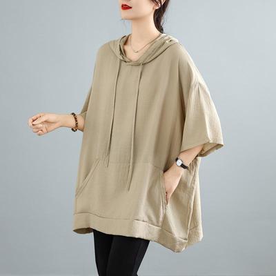 Oversized vintage με κουκούλα Casual φαρδύ μακρύ μπλουζάκι τοπ Γυναικείο καλοκαιρινό μπλουζάκι