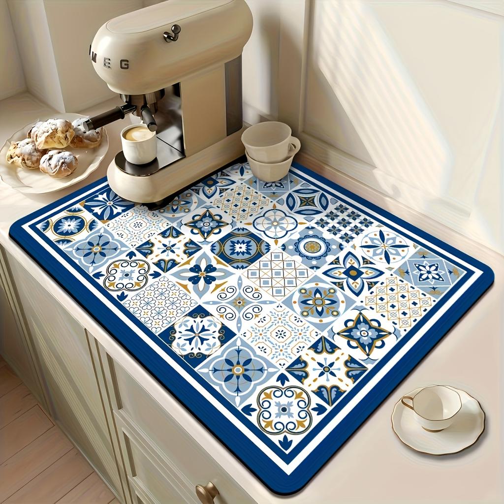 1pc Super Absorbent Dish Drying Mat, Quick Dry Non-Slip Kitchen Sink Mat with Retro Floral Pattern, Waterproof Countertop Pad
