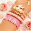 and cross imitation pearl 5-piece for women beaded fashionable set Pink bracelet WWJD bracelet set  Jewelry