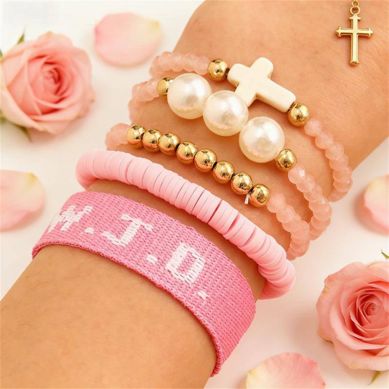 and cross imitation pearl 5-piece for women beaded fashionable set Pink bracelet WWJD bracelet set Jewelry
