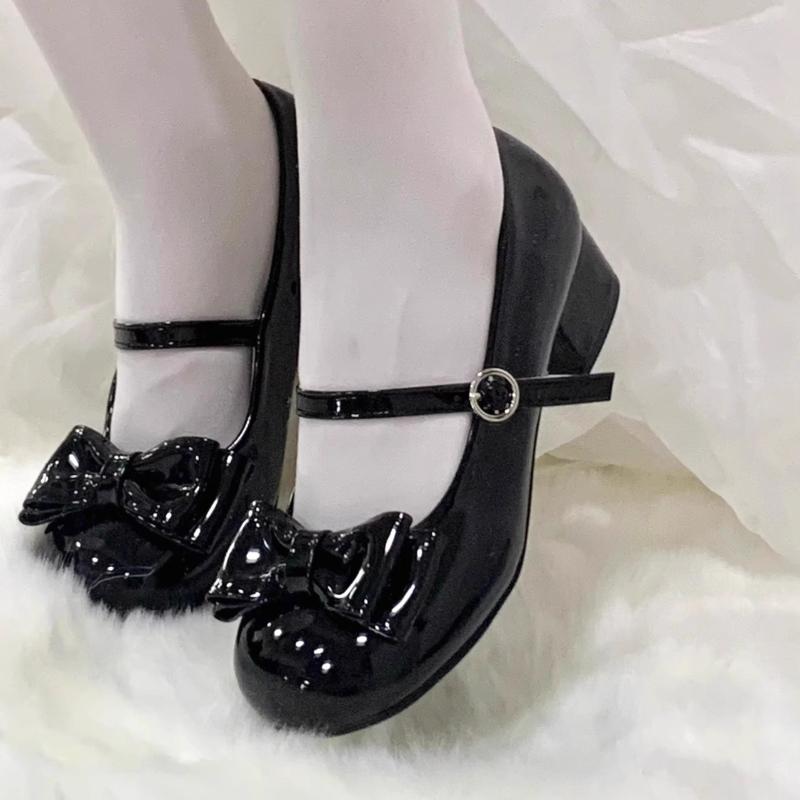 Cute Butterfly-knot Women Lolita Mary Jane Shoes Concise Thick Heel Leather Shoes 2026 Spring Autumn Ladies Dress Pumps