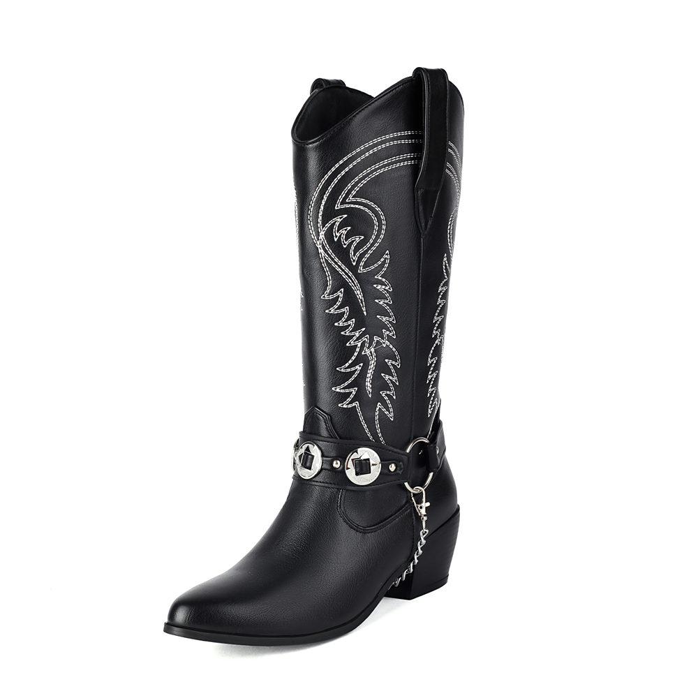 Fashion Plus Size 48 Women's Western Cowboy Boots High Heels Retro Western Boots Embroidery Shoes