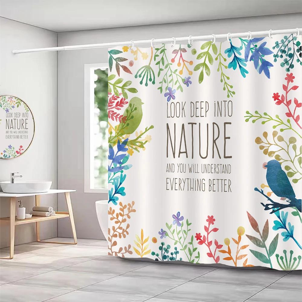 Plants and Floral Shower Curtain, Texture Fabric Bathroom Decor Watercolor Flowers and Plants Shower Curtians with Hooks