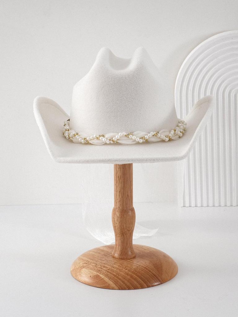 Women's Bridal Top Hat with Pearl & Gold Ribbon - Festival Cowboy Hat