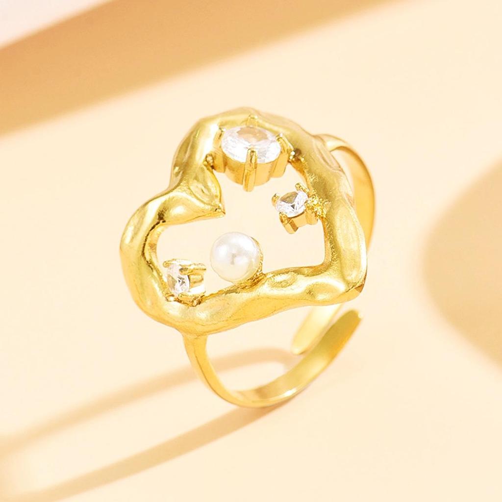 Fairy Sweet Heart Hollow Stainless Steel Adjustable Ring with Colorful Zircon