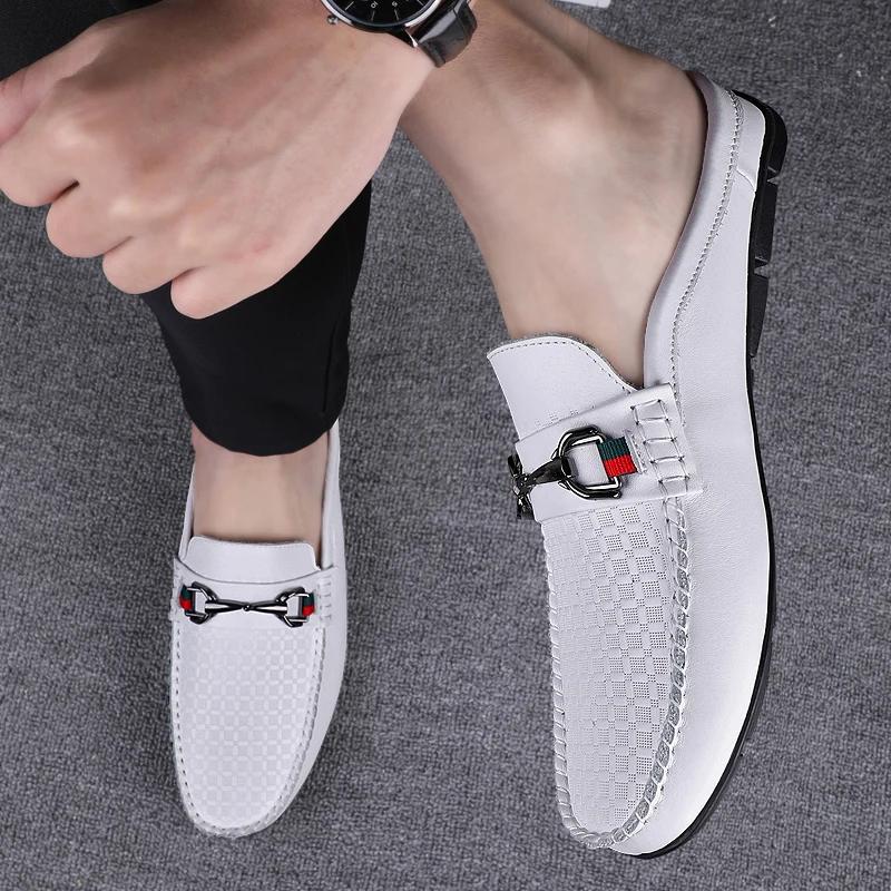 Letnie Oddychające Buty Męskie Moda Skórzane Muły Buty Wsuwane Mokasyny Casualowy Włoski Styl Luksusowa Marka Półmokasyny
