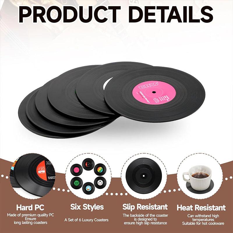 6 Pcs Vinyl Record Coasters Set Non-Slip Coasters for Drinks Retro Record Player Coasters for Music Lovers Kitchen Decoration