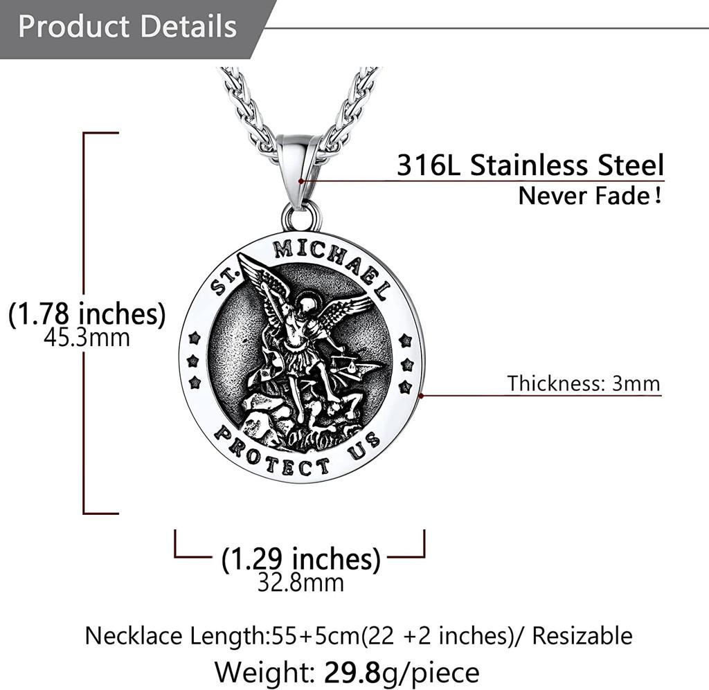 U7 Round Medal St Michael Necklaces for Men Stainless Steel Catholic Protection Amulet Archangel Pendant 22" Chain Jewelry Gift