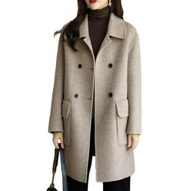 Warm Thickened Woolen Coat for Women Autumn Winter Double Breasted Lapel Flap Pockets Mid Length Loose Fit Overcoat