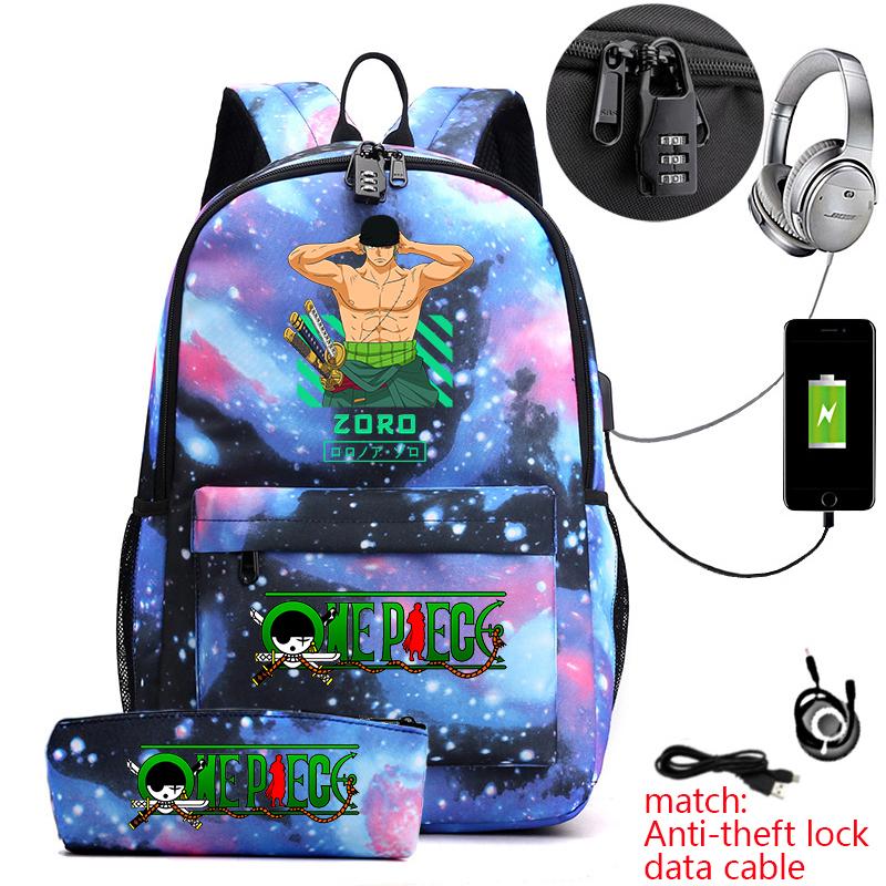 One Piece Zoro Print Anti Theft School Backpack Student Bookbag with Pen Case for Kids Teens