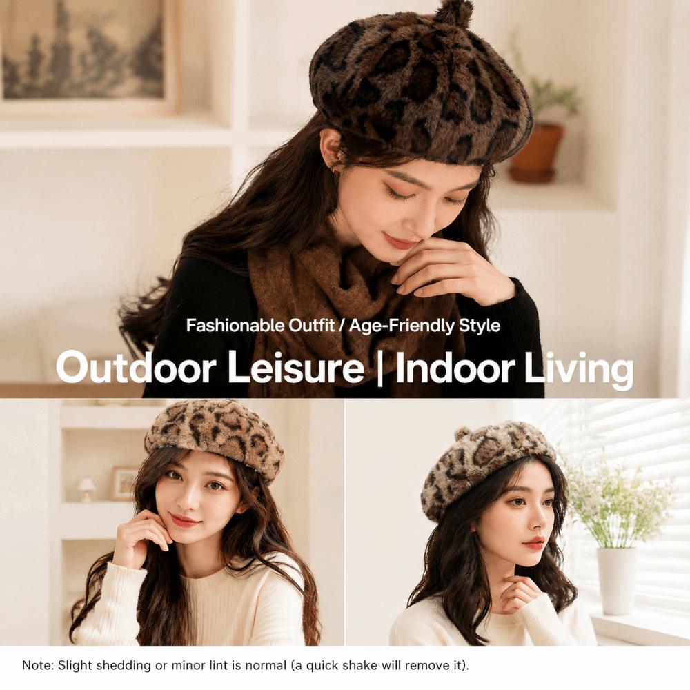 Solid Color Faux Rabbit Fur Beret Leopard Print Octagonal Beanie Cap Fluffy Plush Beret  Women Girl