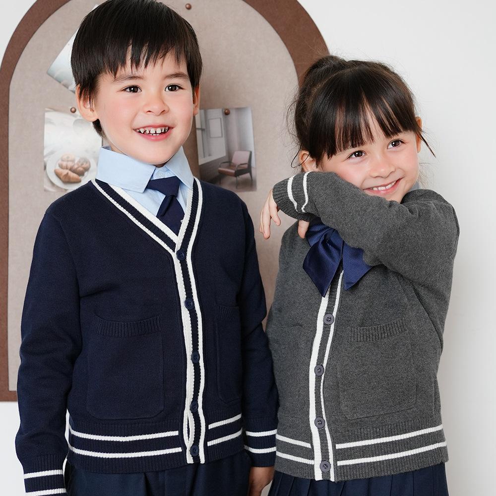 Parent-child Outfit Contrast Color Pockets Medium and Large Children's Knitted Cardigan College School Uniform Girls Sweater Jacket