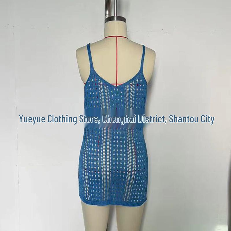 European and American Women's See-Through Spaghetti Strap Knit Beach Dress