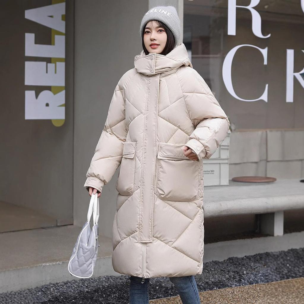 Casaco longo com capuz grosso feminino, jaqueta de inverno, roupas parkas para mulheres, roupas coreanas ao ar livre, casaco corta-vento