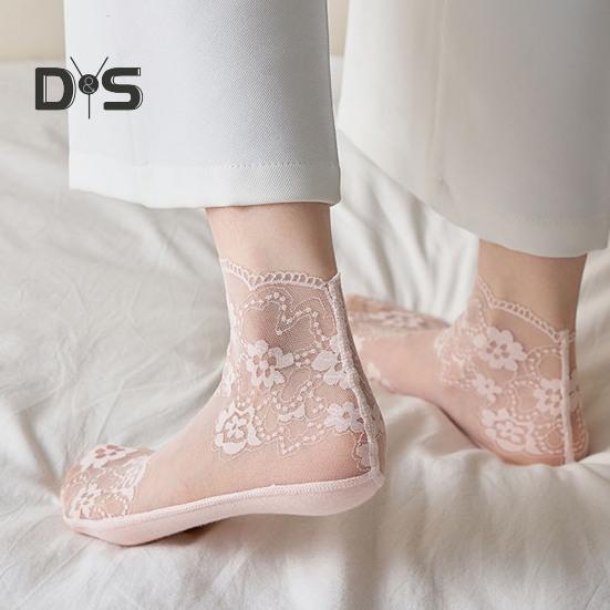 Chaussettes en Dentelle pour Femmes Chaussettes de Cheville en Dentelle Florale Transparentes en Maille Été Ultra-Fines Résille Volantées pour Adolescentes Filles