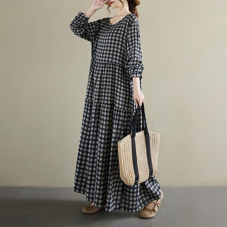 Spring Vintage Floral Print Maxi Dress Plus Size Women Loose Oversize Long Sleeve Casual Basic Long Dress