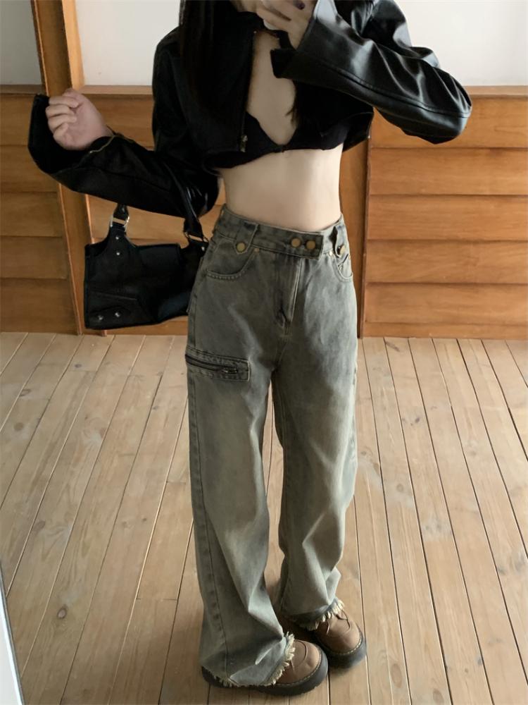 American 2000s Vintage Cargo Jeans Women High Waist Vintage Y2k Harajuku Denim Trousers Female Retro Fashion 90s Casual Wide Pants