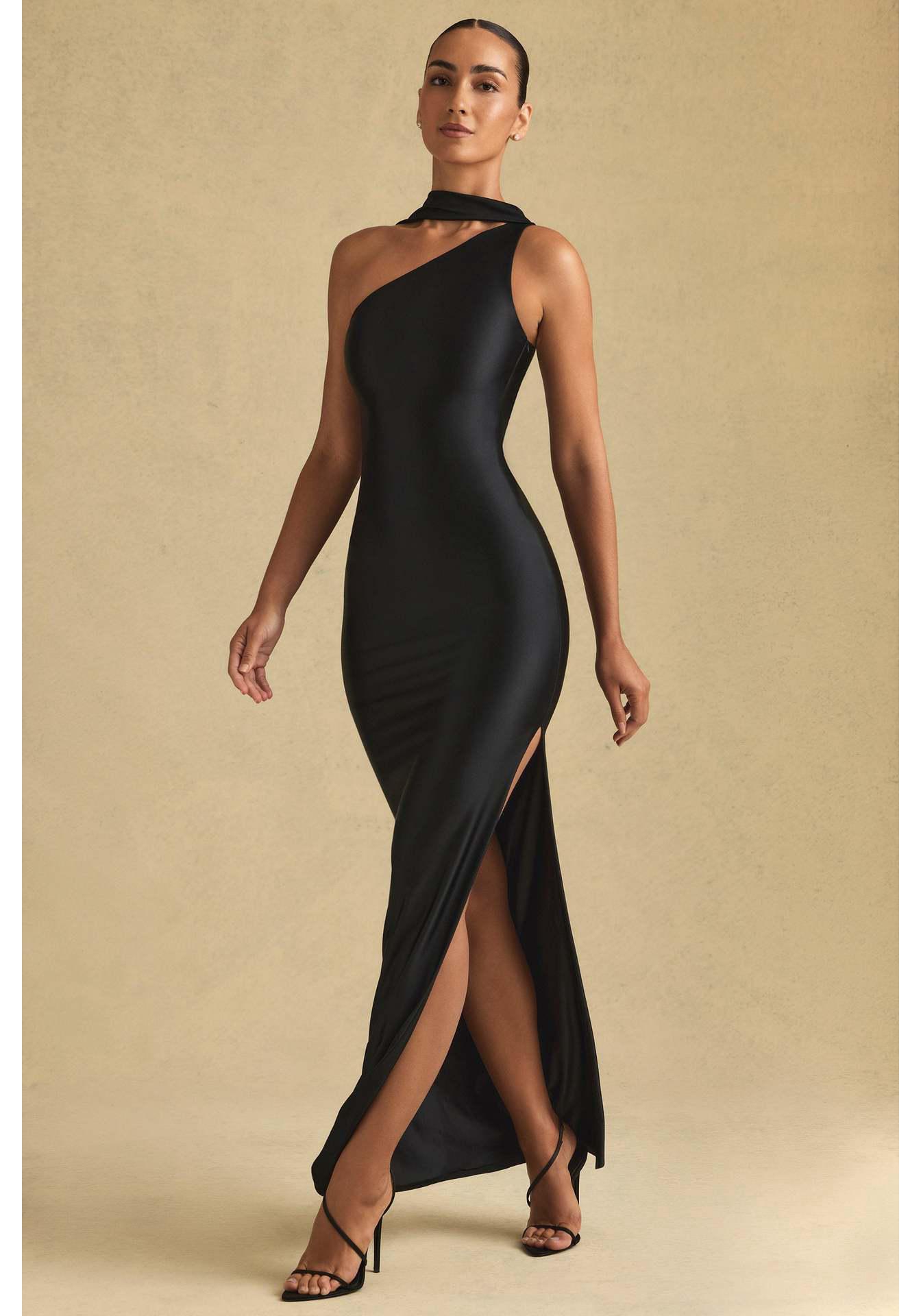 

2025 European & American High-Neck Off-Shoulder Light Luxury Satin Slim-Fit Bodycon Dress Large (L)