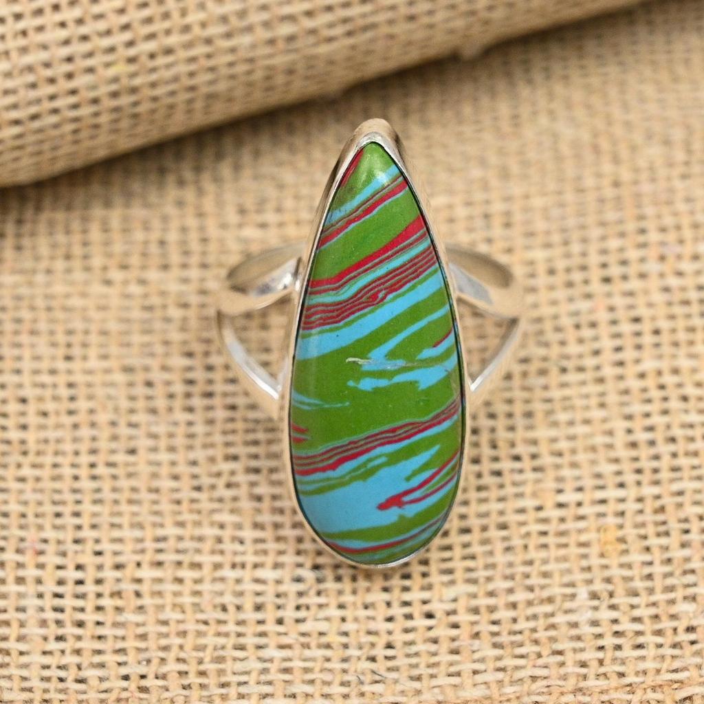Rainbow Calsilica Gemstone Handmade 925 Sterling Silver Ring Jewelry For Thanksgiving