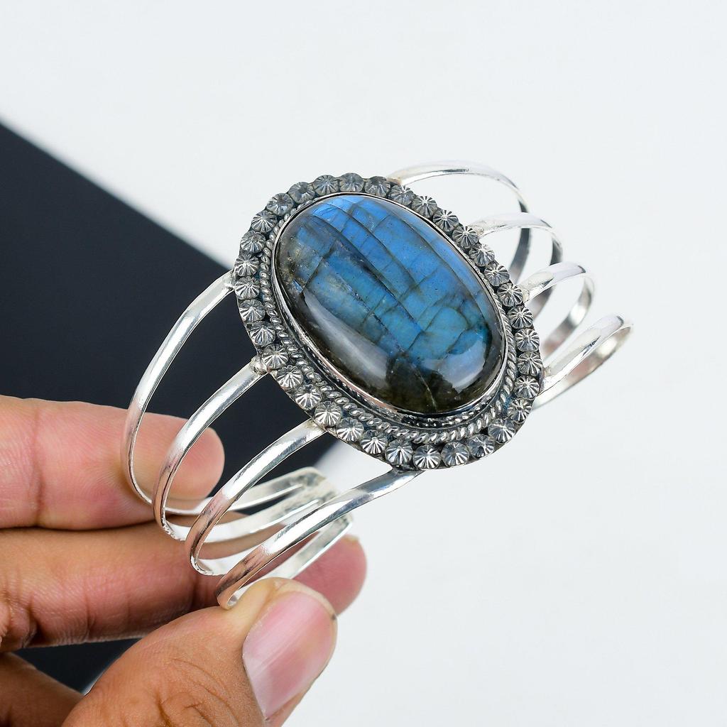 Natural Blue Flash Labradorite Gemstone Handmade 925 Sterling Silver Cuff Bangle, Blue Flash Labradorite Bangle,For Wife, Unisex Bangle, Gifts
