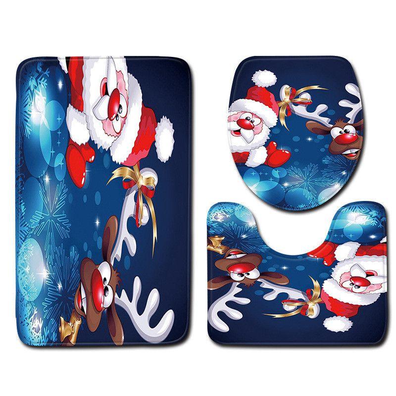 4pcs Shower Christmas Curtain Toilet Cushion Set Cover Mat Pad Rug Xmas Bathroom