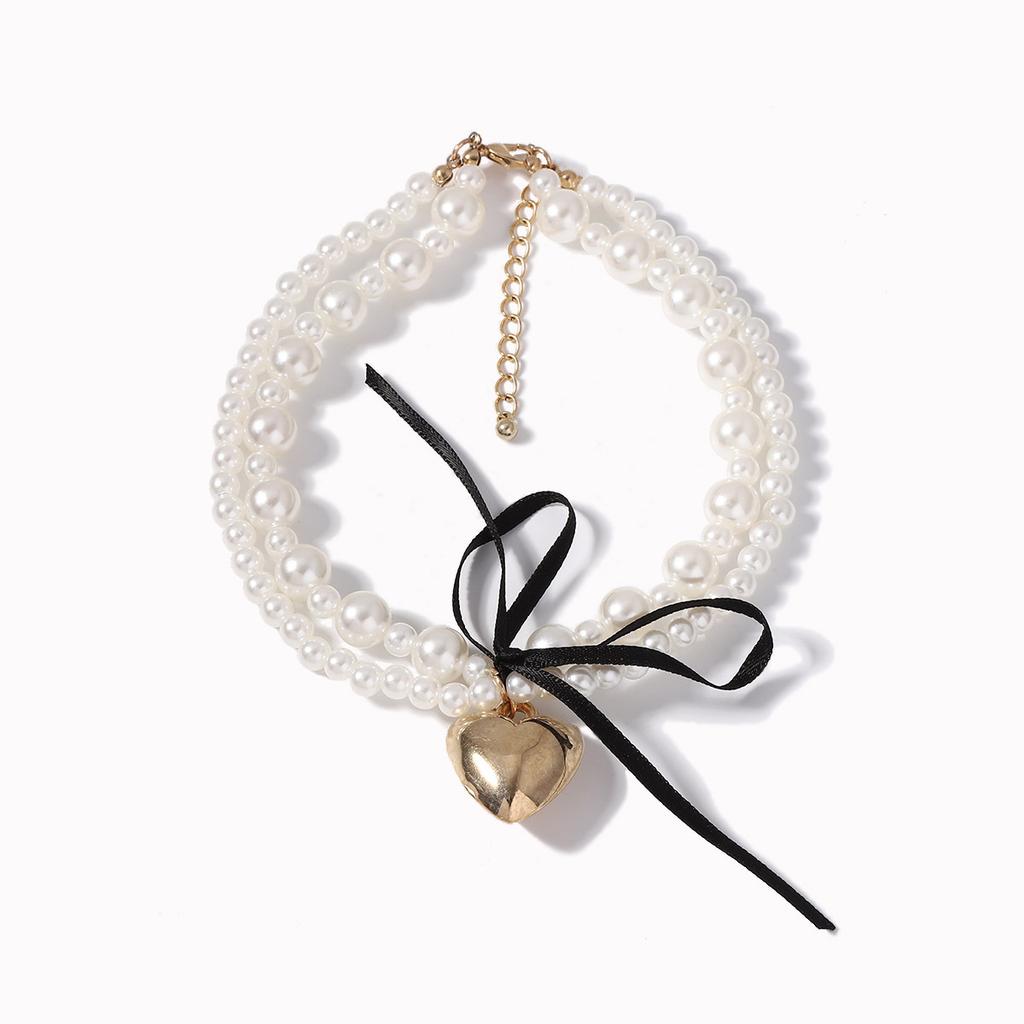 French sweet and cool style baroque double-layer imitation pearl love bow light luxury high-end design collarbone chain necklace