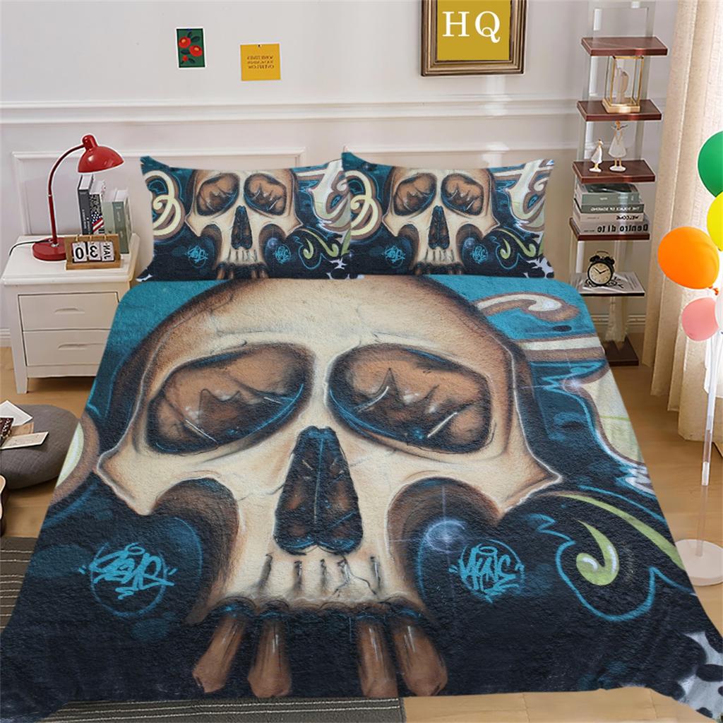 3D Horror Patterned Printed Bedding Set with Skull Head Pattern Down Duvet and Pillowcase 2/3 Pieces Halloween Festive Atmosphere Home Decoration