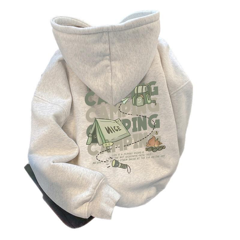 Retro Hong Kong Style Printing Men's Guochao Velvet Thickened Autumn and Winter Women's Hooded Pullover Sweater Casual